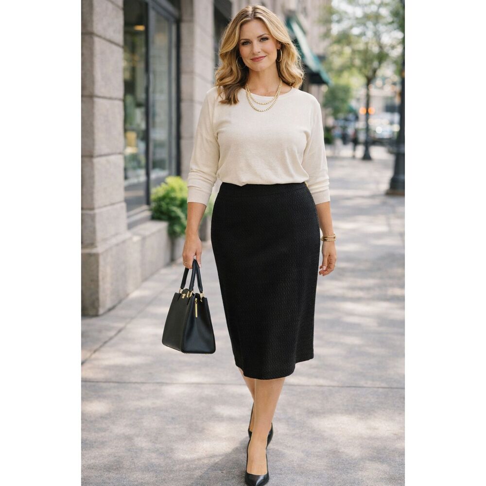 St. John Pencil Skirt Black Basket Weave Wool Viscose Size 14 NWT